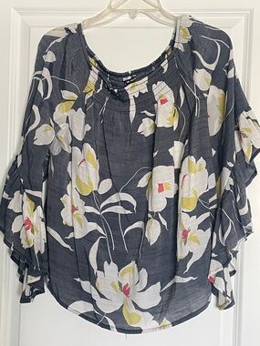 Unique Spectrum Floral Peasant Blouse with White, Yellow & Pink Accents